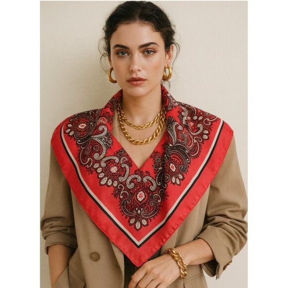 Silk Scarf 27x27 | Red Paisley Print | Square Neck or Hair Accessory - Picture 3 of 7